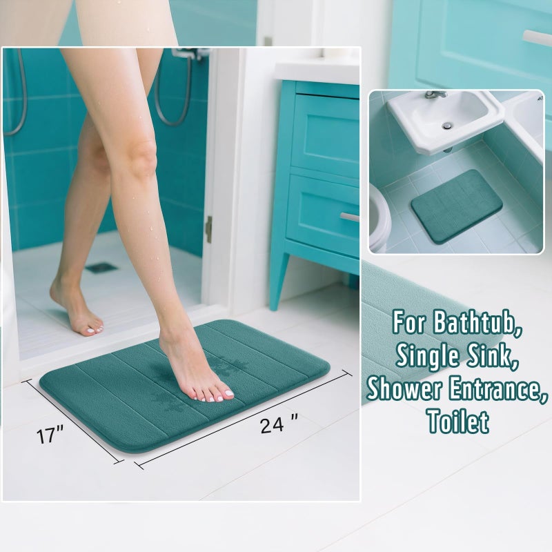 Yimobra Teal Bath Mat, Super Soft Absorbent Memory Foam Bathroom Rug Non Slip, Quick Dry, Machine Washable Floor Carpet for Tub Shower, Home Decor Accessories, 24x17 - Image 2